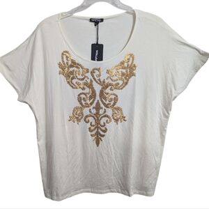 Tops & Plus Women's Short Sleeve Shirt 22/24       Gold Color Sequins W-367